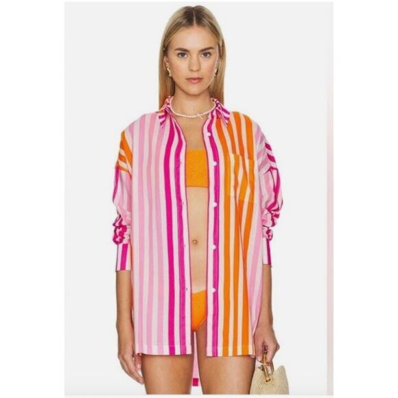 Beach Riot Alexa Top Oversized Button Down Sunset Stripe Cover Up